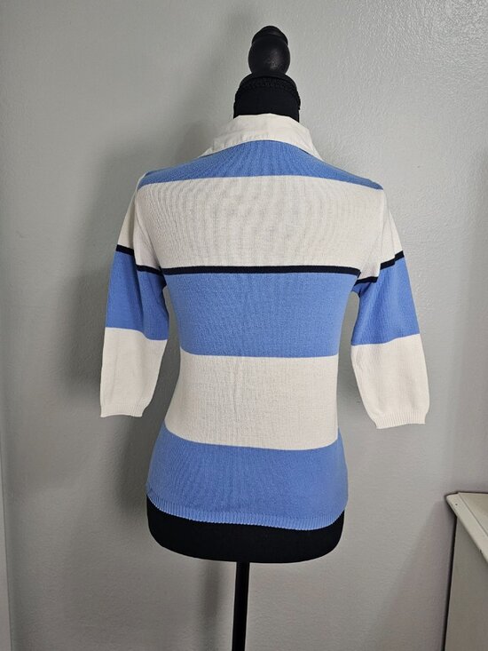 Pink Soda Retro Striped Knit Top Blue White Y2K Preppy Polo Collar 3/4 Sleeve - Picture 3 of 6